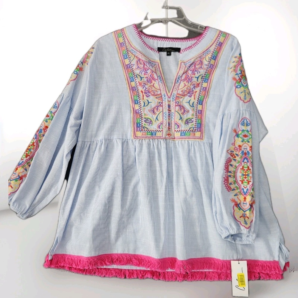 Calessa Womens Tunic PL Boho Embroidered V-Neck 3/4 Sleeve Festival Blouse NEW
